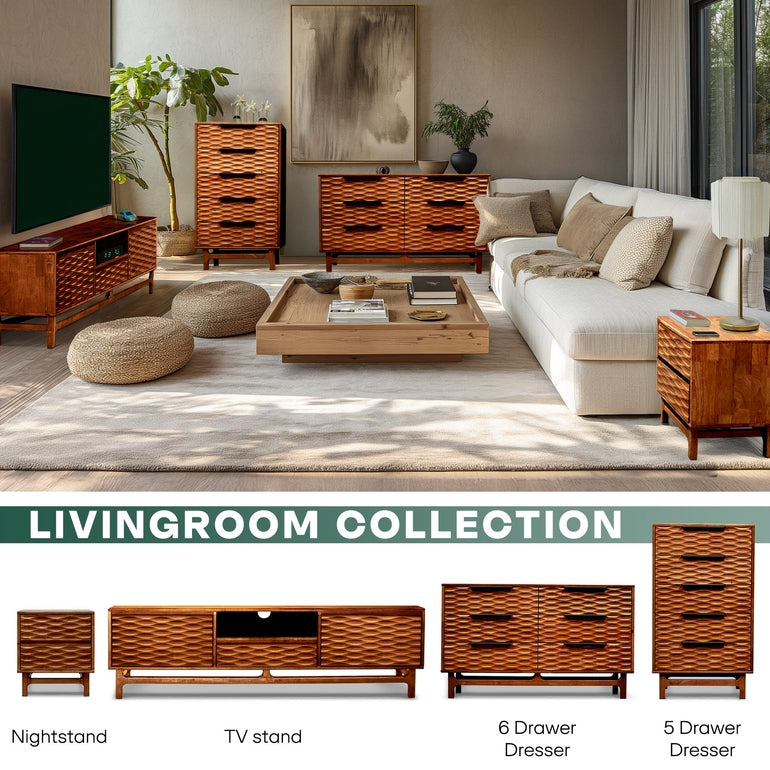 Living room with wicker furniture including a TV stand, nightstand, dresser, and sofa.