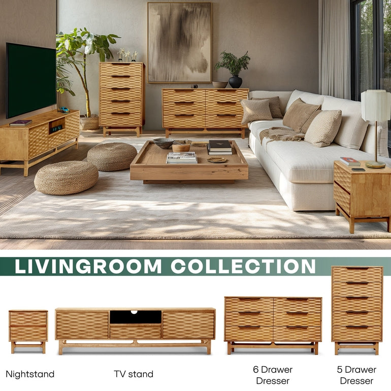 Living room with wicker furniture including a TV stand, nightstand, dresser, and sofa.
