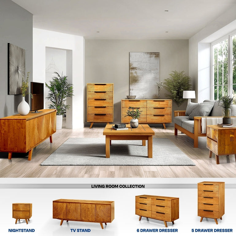 Living room with wooden furniture including nightstand, TV stand, and dressers.
