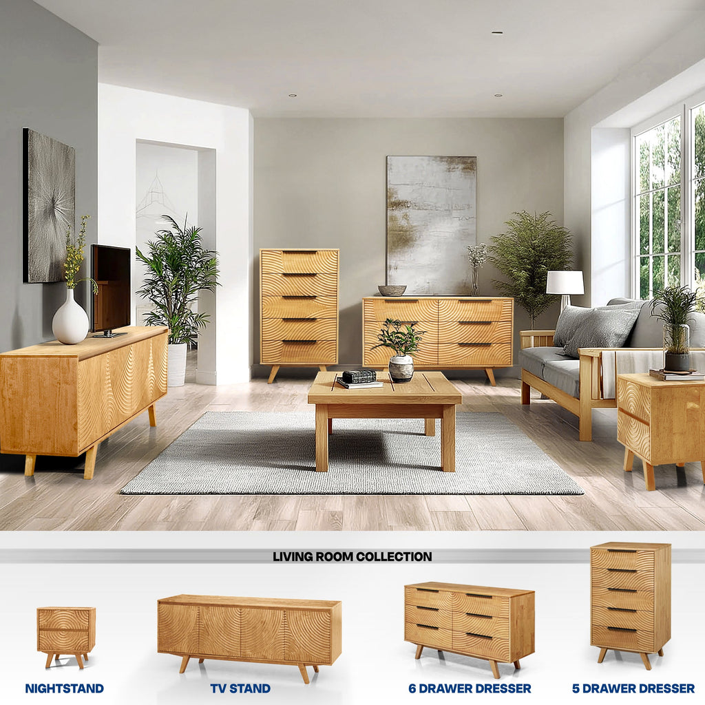 Living room with wooden furniture including nightstand, TV stand, and dressers.