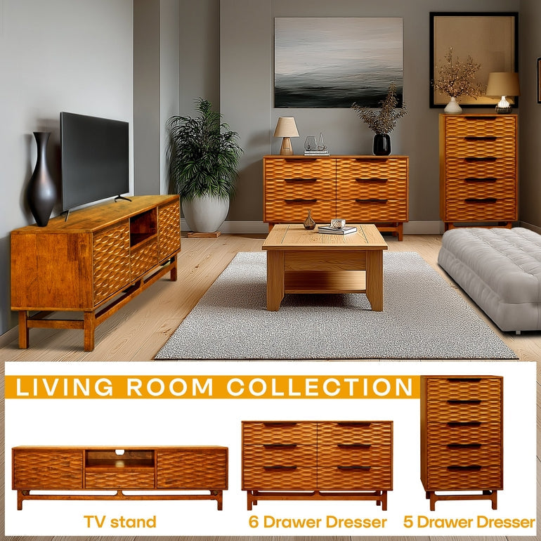 Living room with wooden furniture including a TV stand, 6 drawer dresser, and 5 drawer dresser.