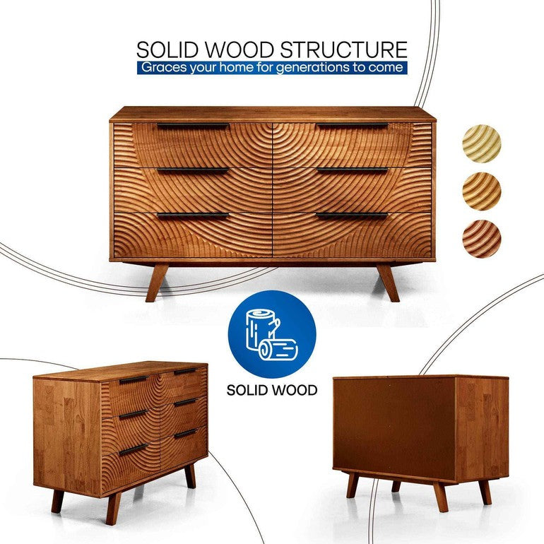 Wooden dresser with wavy pattern on a white background, featuring text about solid wood structure.