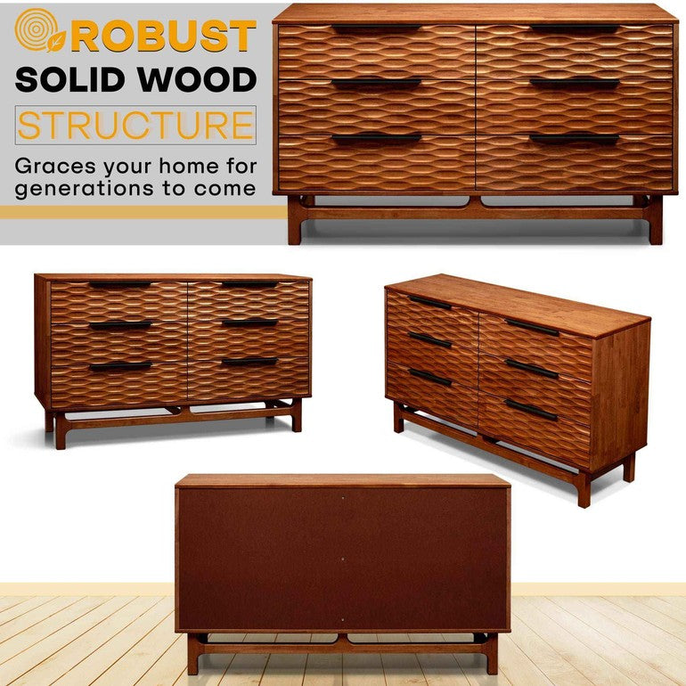 Wooden dressers with textured design on a white background, featuring text about robust solid wood structure.