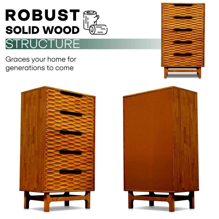 Wooden dressers with textured design on a white background, emphasizing robust solid wood structure.