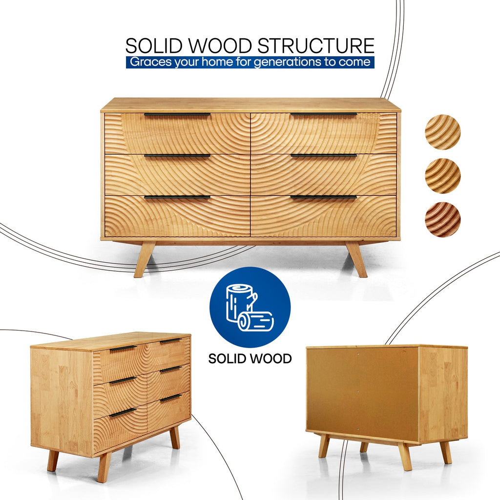 Wooden dresser with 'Solid Wood' text and icons on a white background