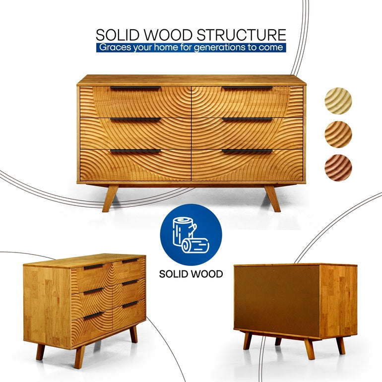 Wooden dresser with wavy pattern on a white background, featuring text about solid wood structure.