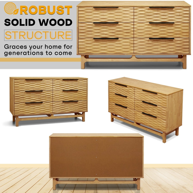 Wooden dressers with a focus on robust solid wood structure, shown from different angles.
