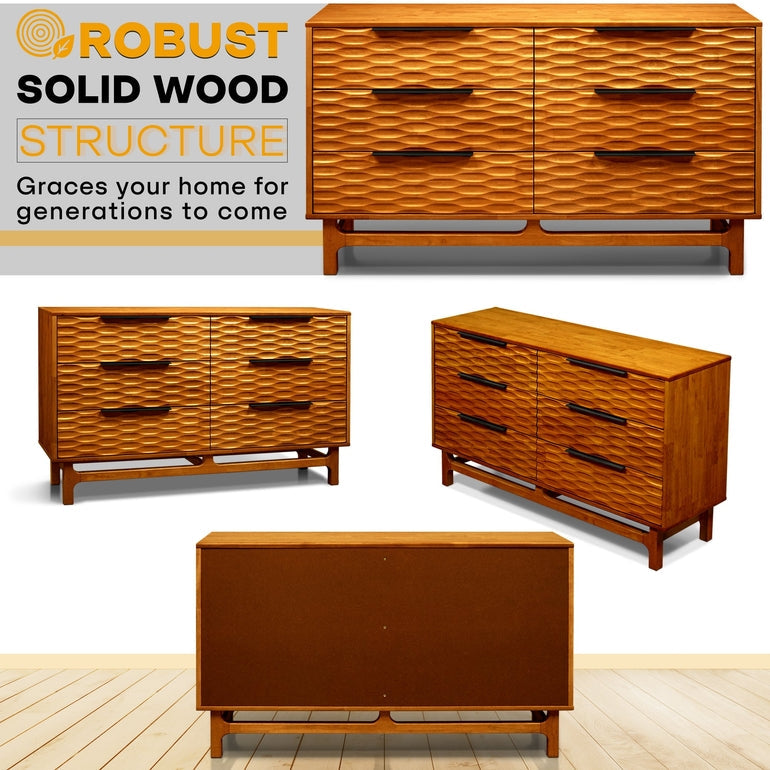 Wooden dresser with wavy texture and text highlighting robust solid wood structure.
