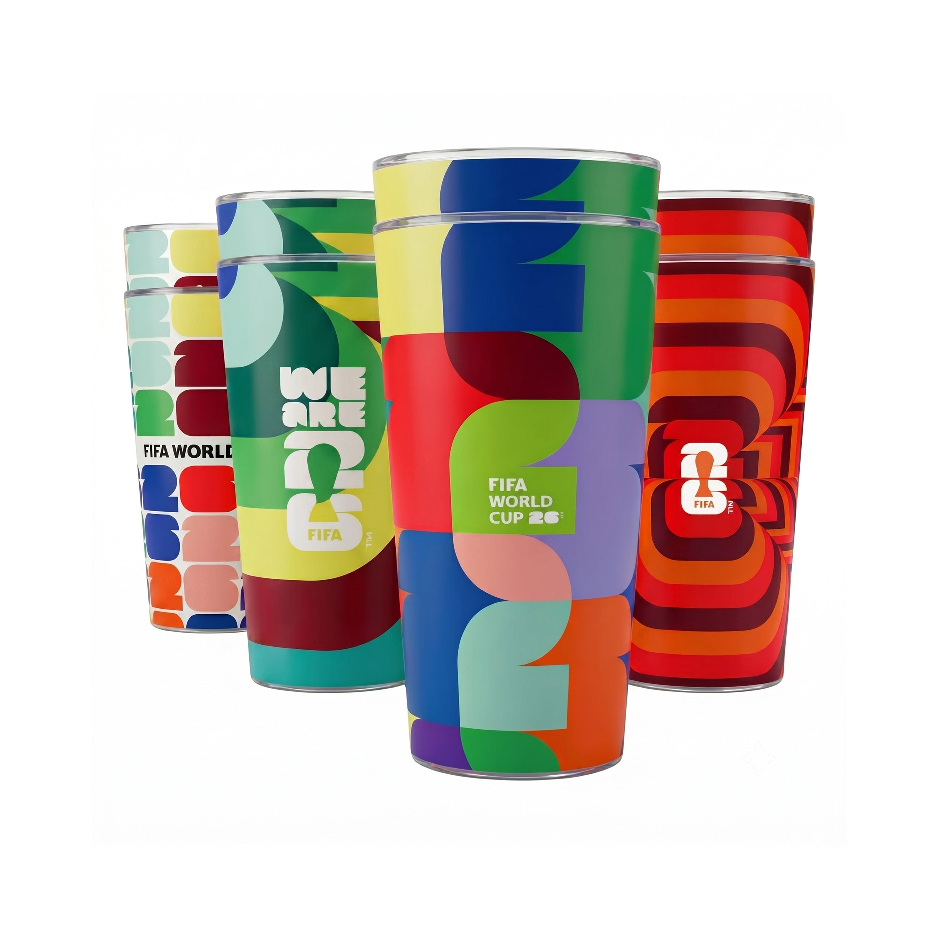 Four colorful tumblers with geometric patterns and FIFA branding on a white background