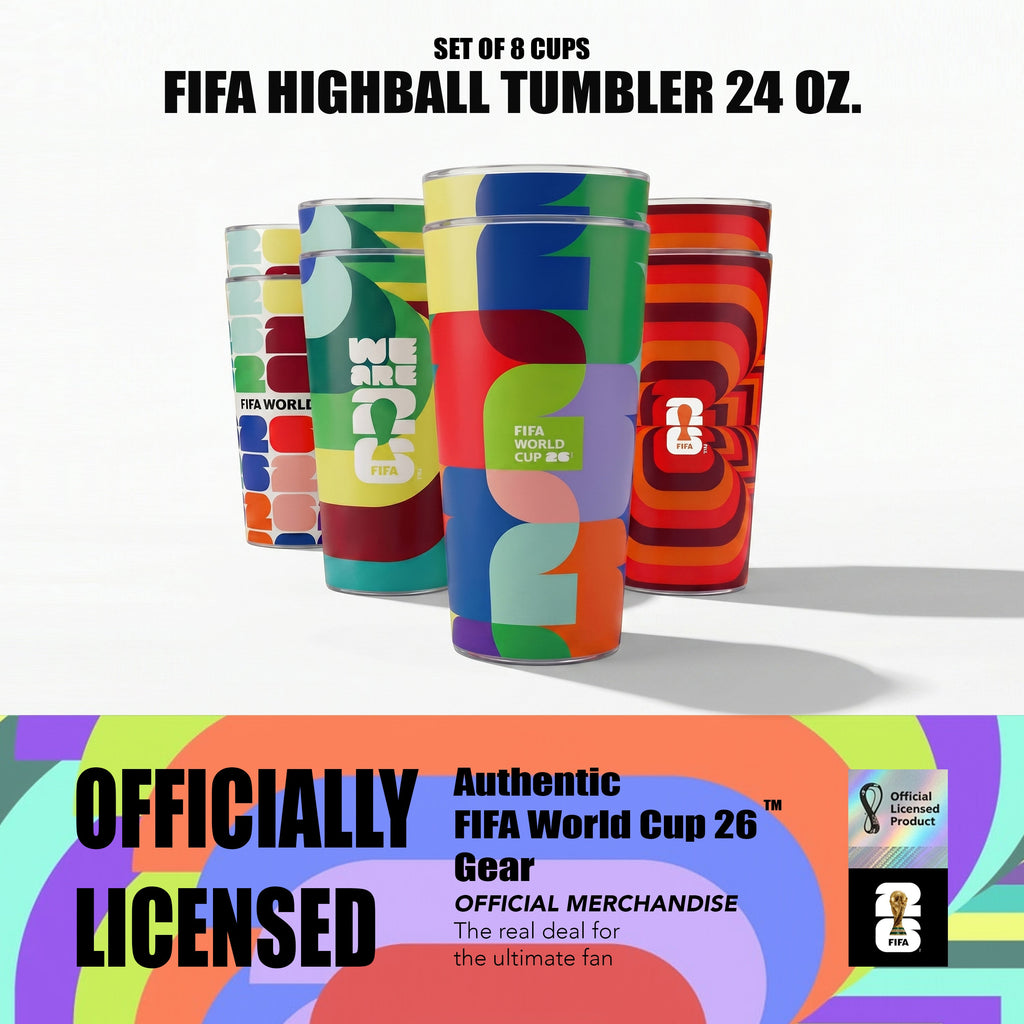 Set of colorful tumblers with FIFA World Cup branding on a white background