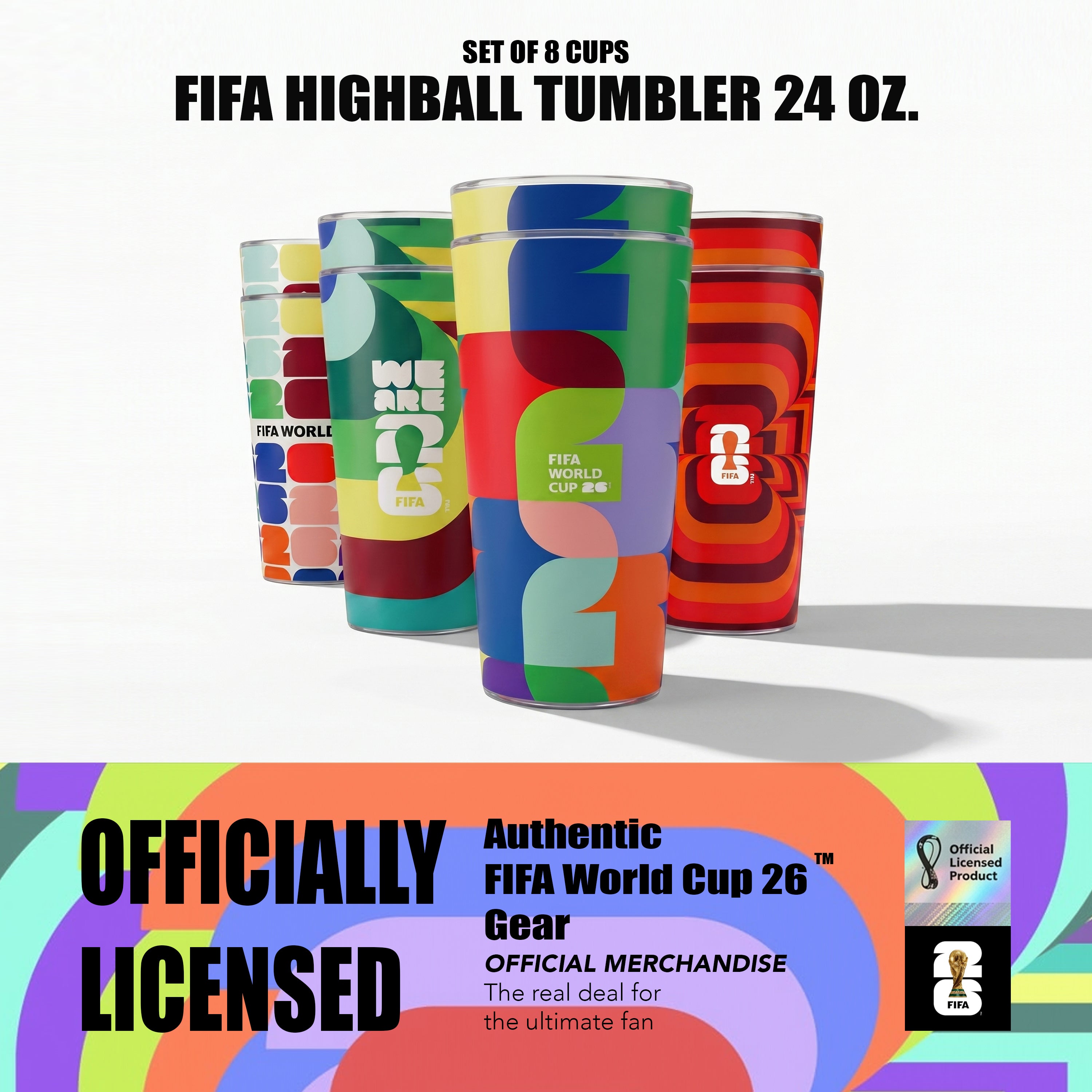 Set of colorful tumblers with FIFA World Cup branding on a white background