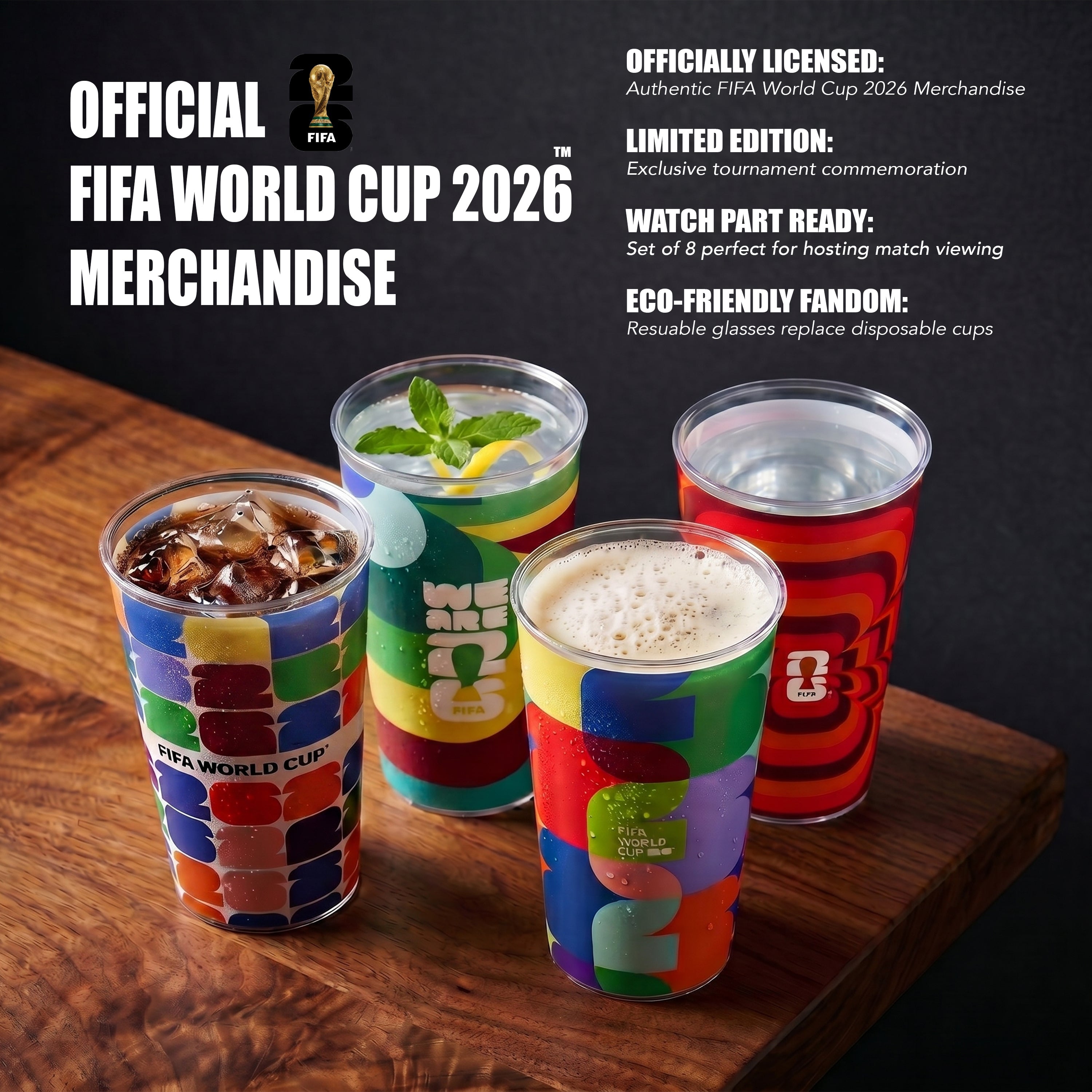 Colorful FIFA World Cup 2026 branded cups on a wooden surface with promotional text.