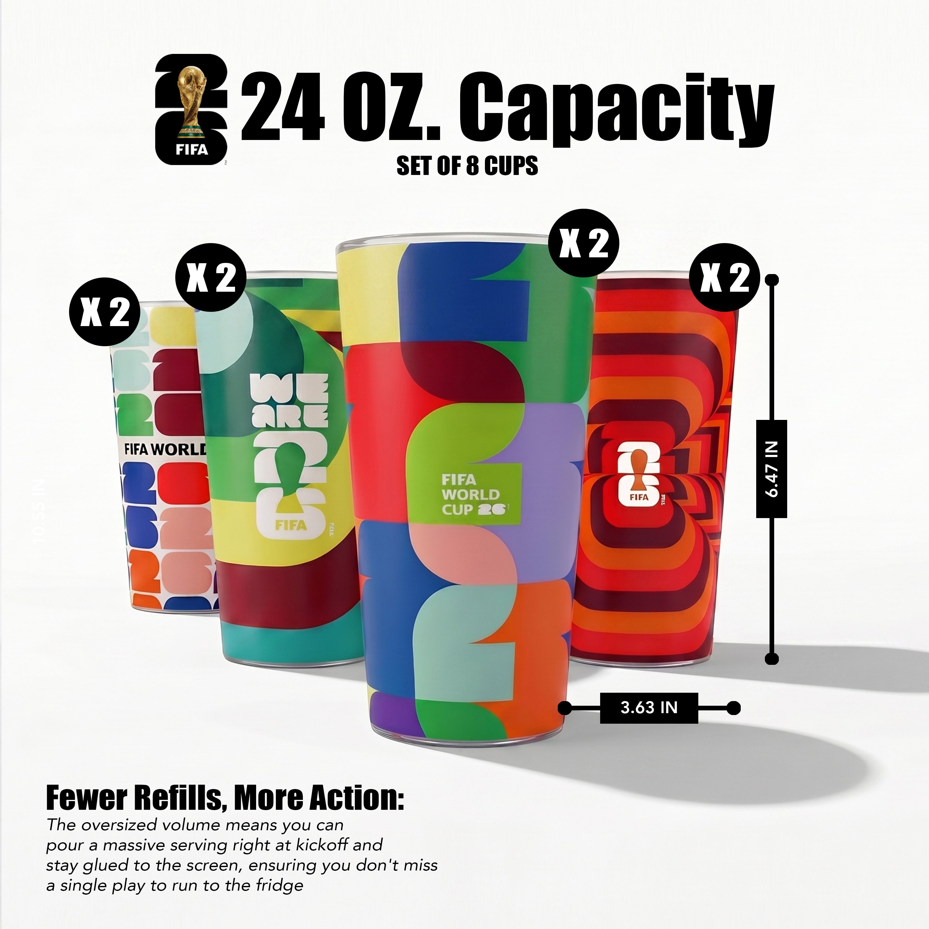 Colorful tumblers with FIFA World Cup branding on a white background
