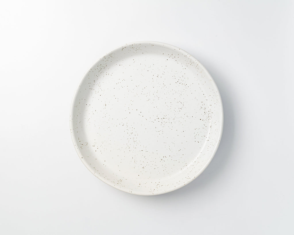 Speckled ceramic plate on a light gray background