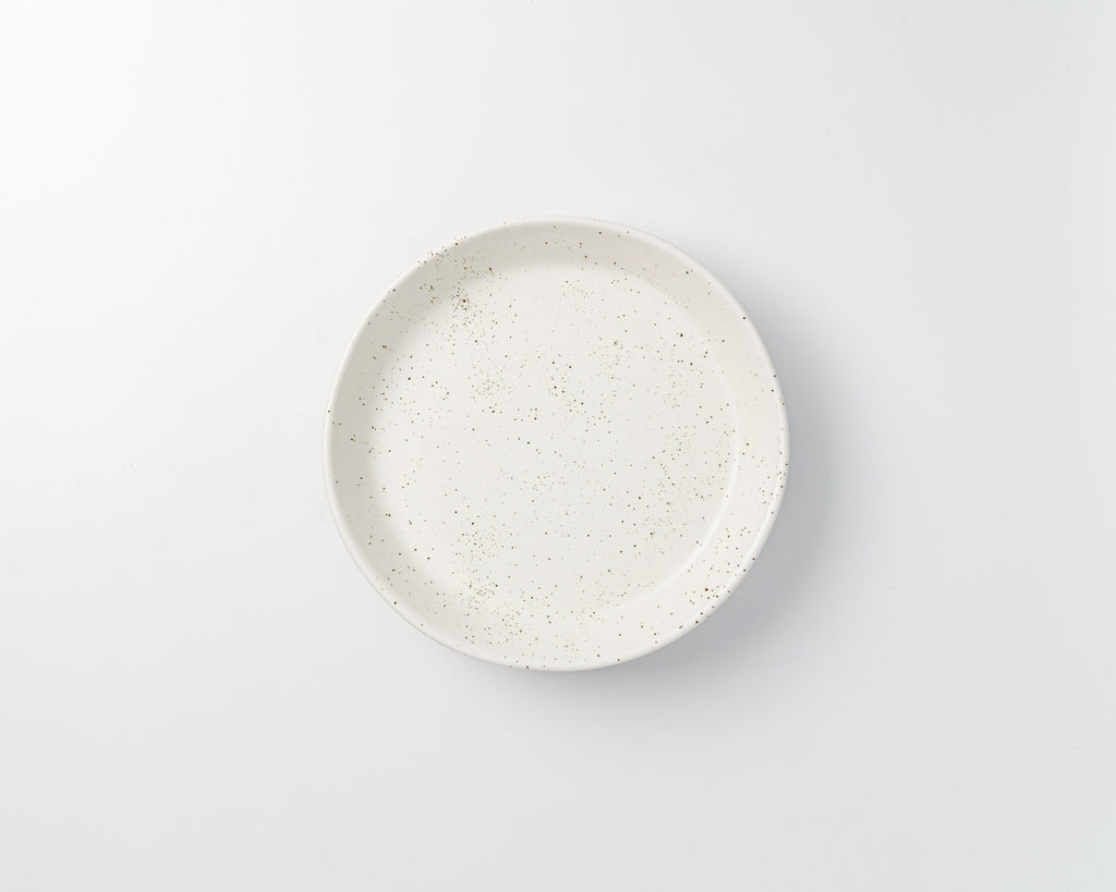 Speckled ceramic plate on a light gray background
