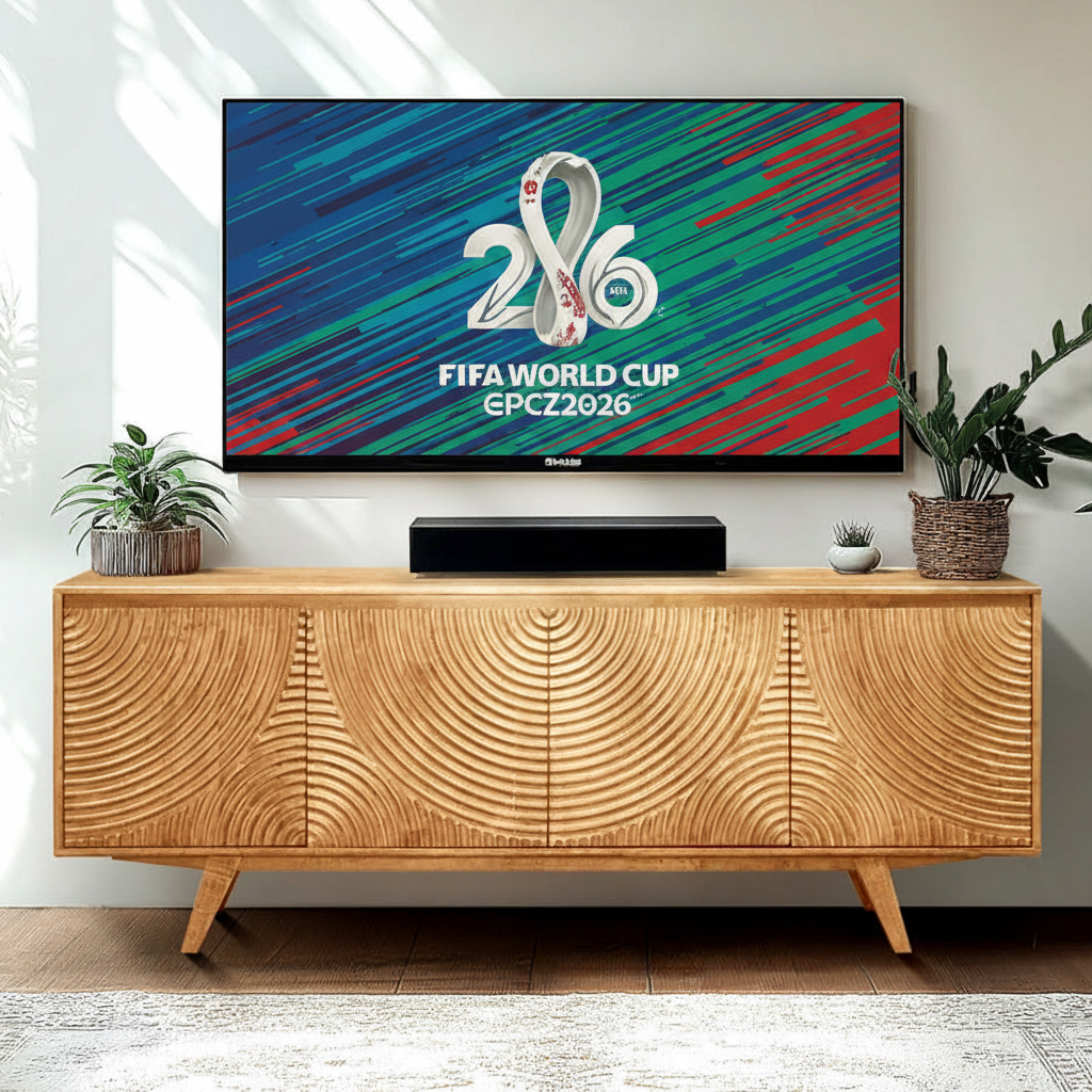 Wooden entertainment console with a TV displaying the 2026 FIFA World Cup logo.