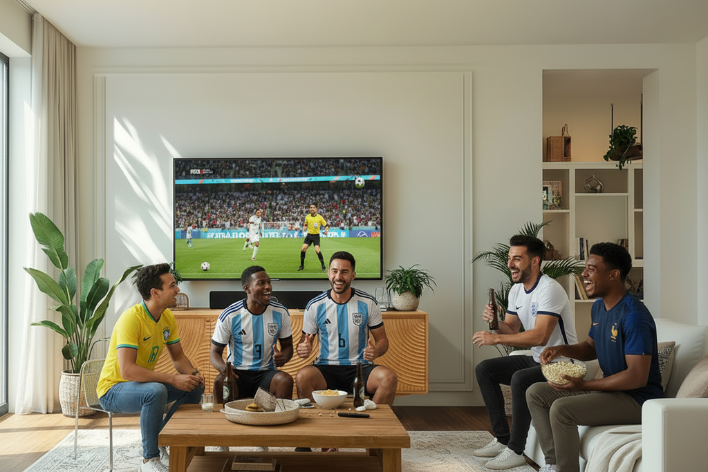 Five men watching a Fifa football soccer match on a television in a living room.