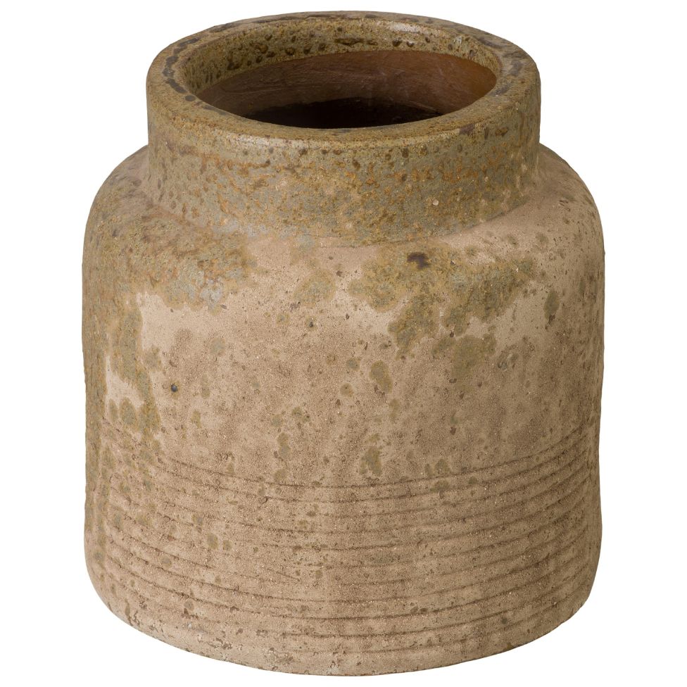 Brown ceramic jar with a textured surface on a white background