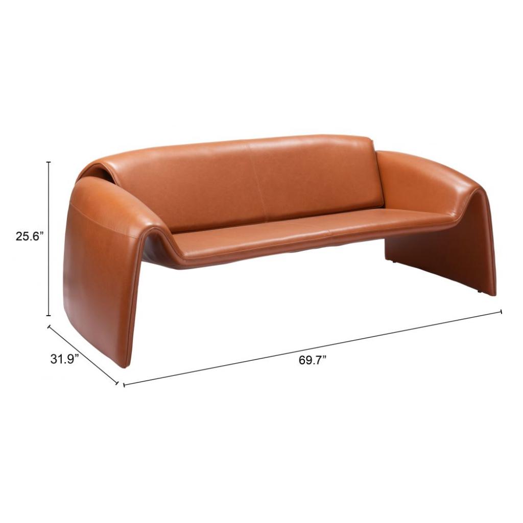 Brown leather sofa with dimensions on a white background