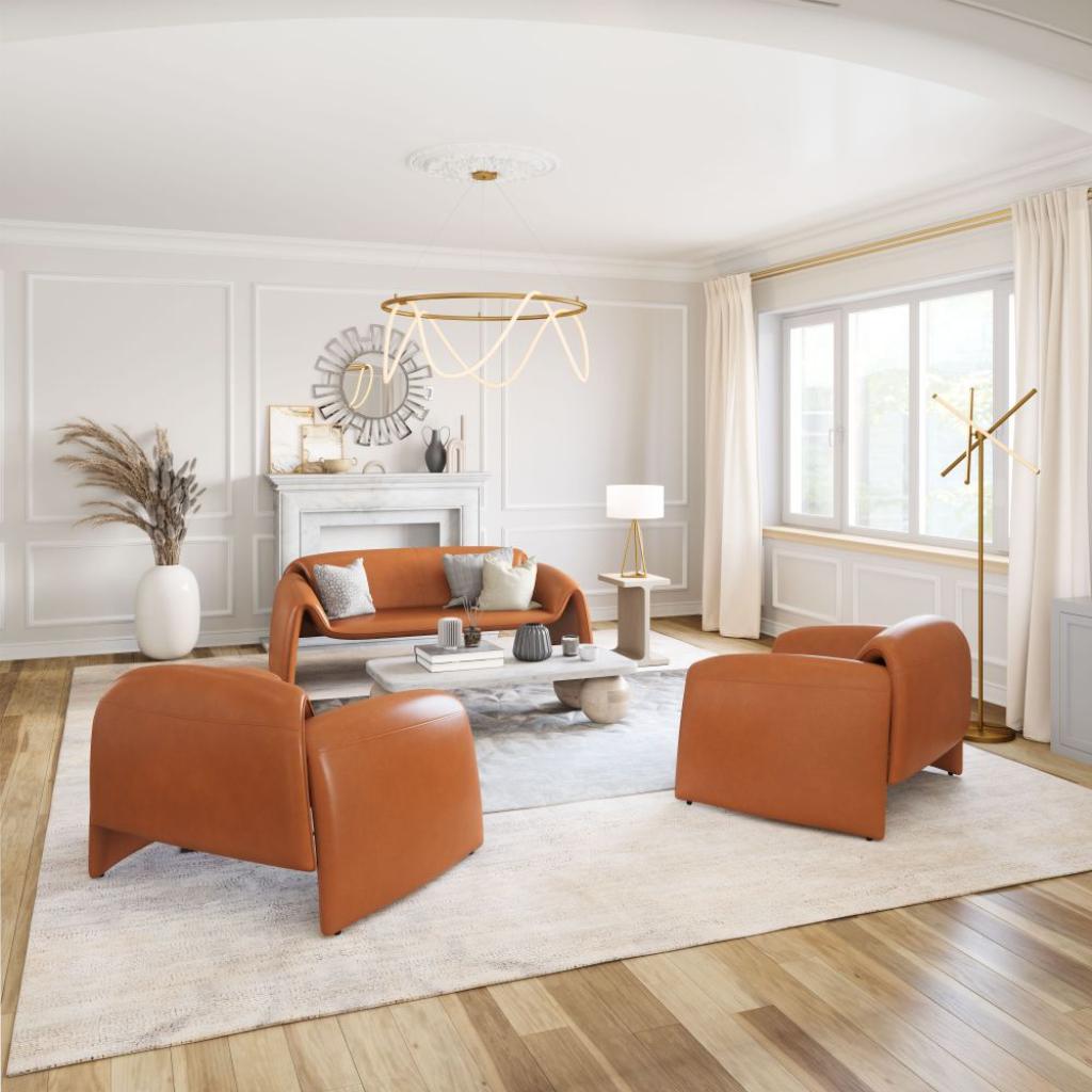 Modern living room with brown leather sofa and armchairs, white walls, and large windows.
