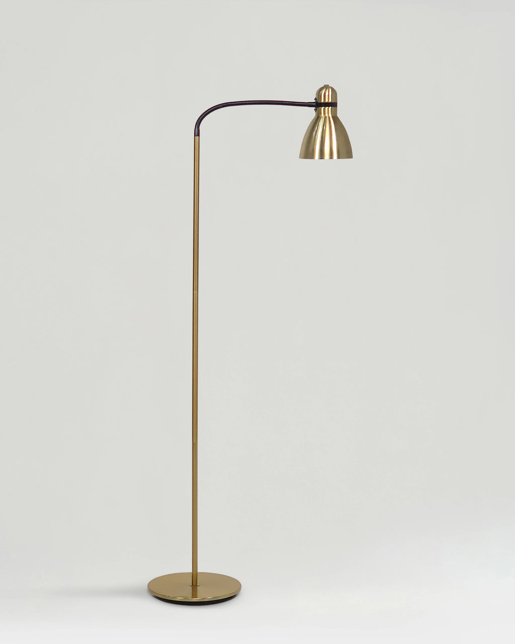 Brass floor lamp with a curved neck on a light gray background