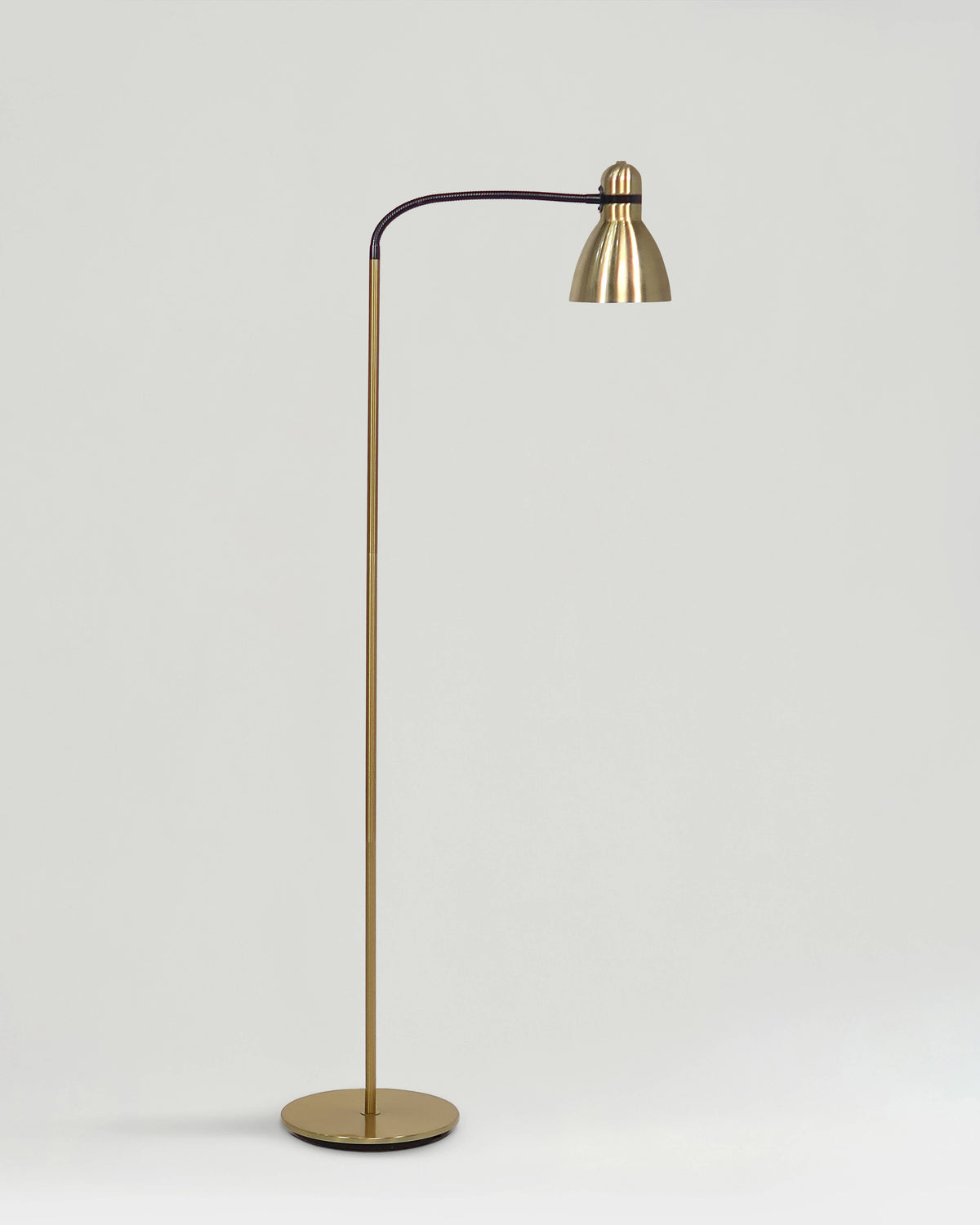 Brass floor lamp with a curved neck on a light gray background