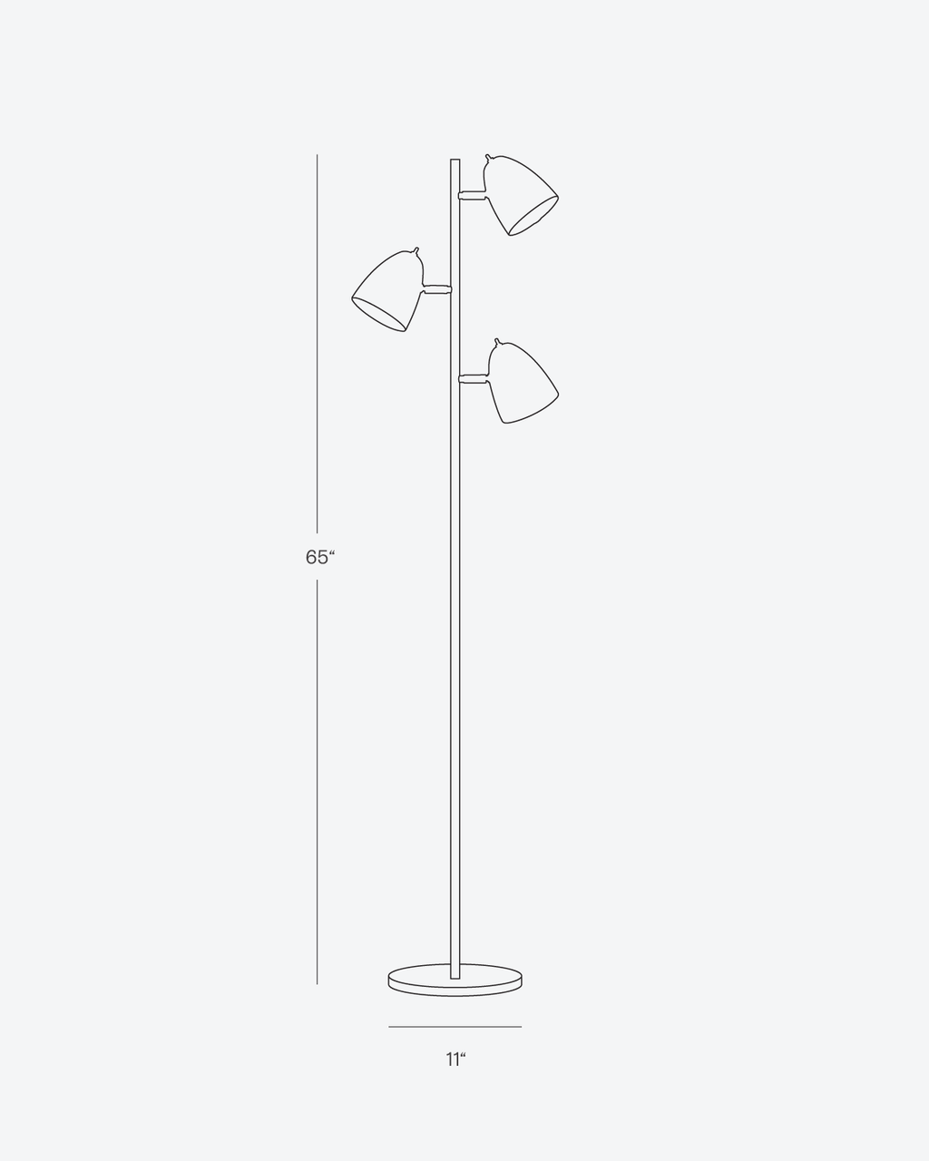 Line drawing with dimensions of a floor lamp with three light fixtures on a white background