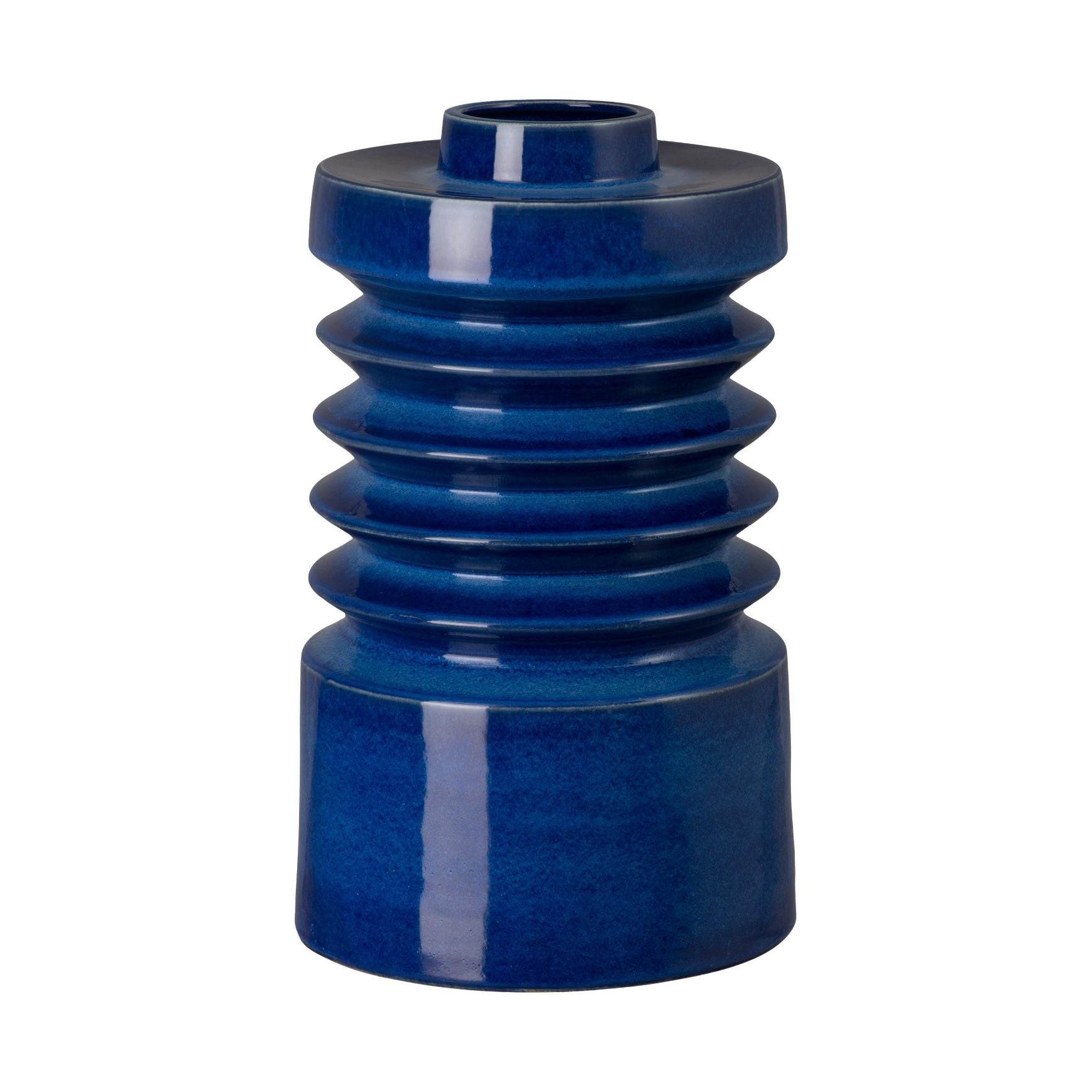 Blue cylindrical vase with ribbed design on a white background