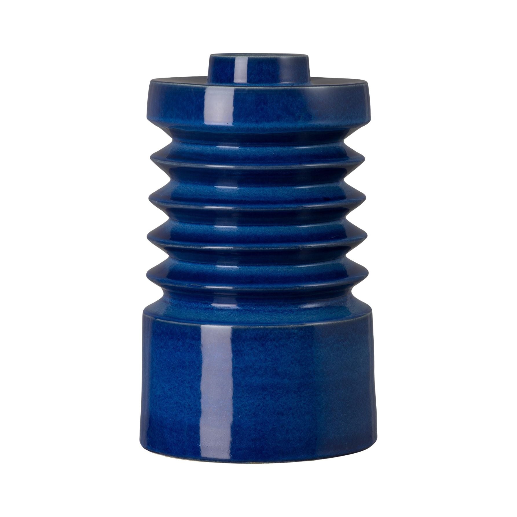 Blue ceramic vase with textured design on a white background