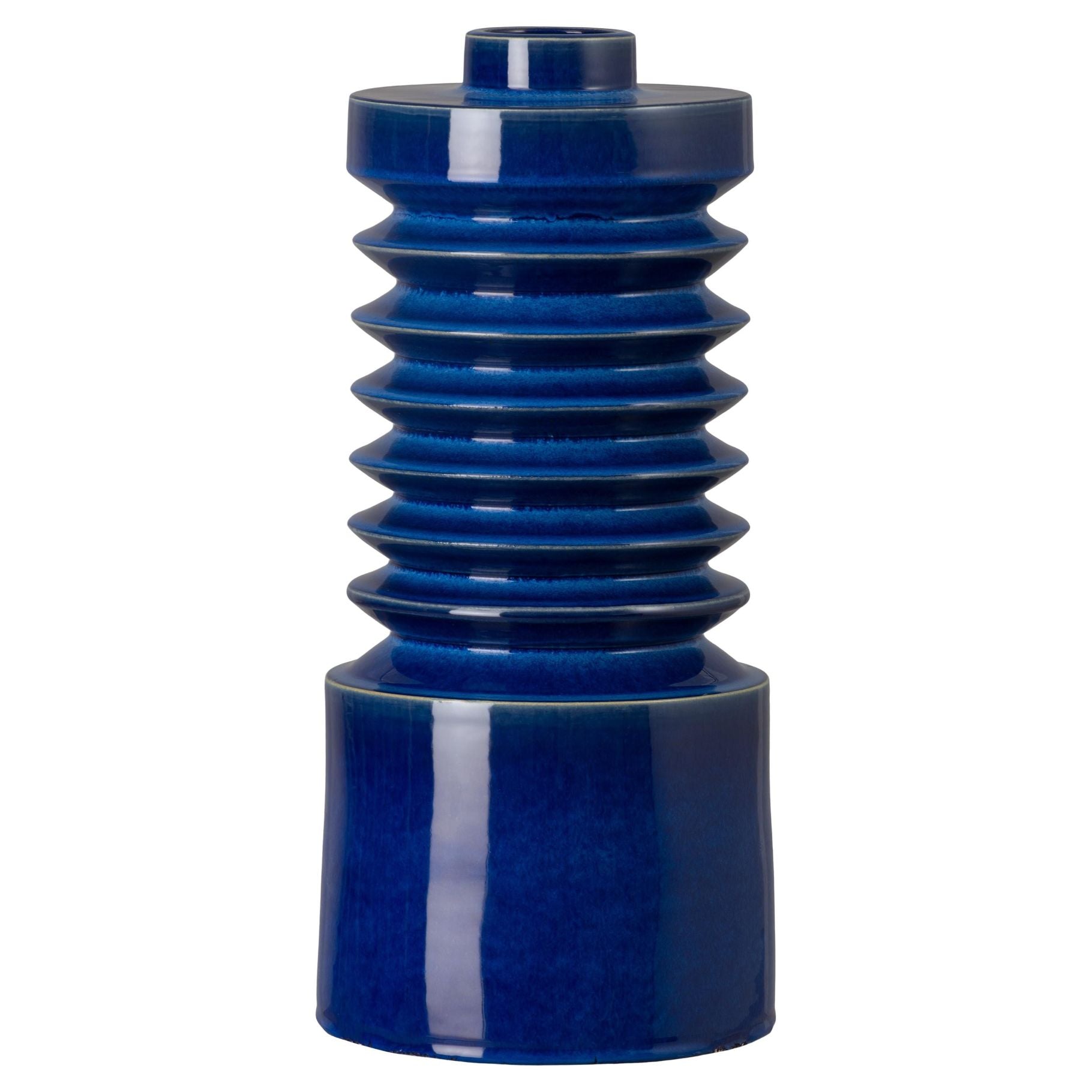 Blue ceramic vase with textured design on a white background