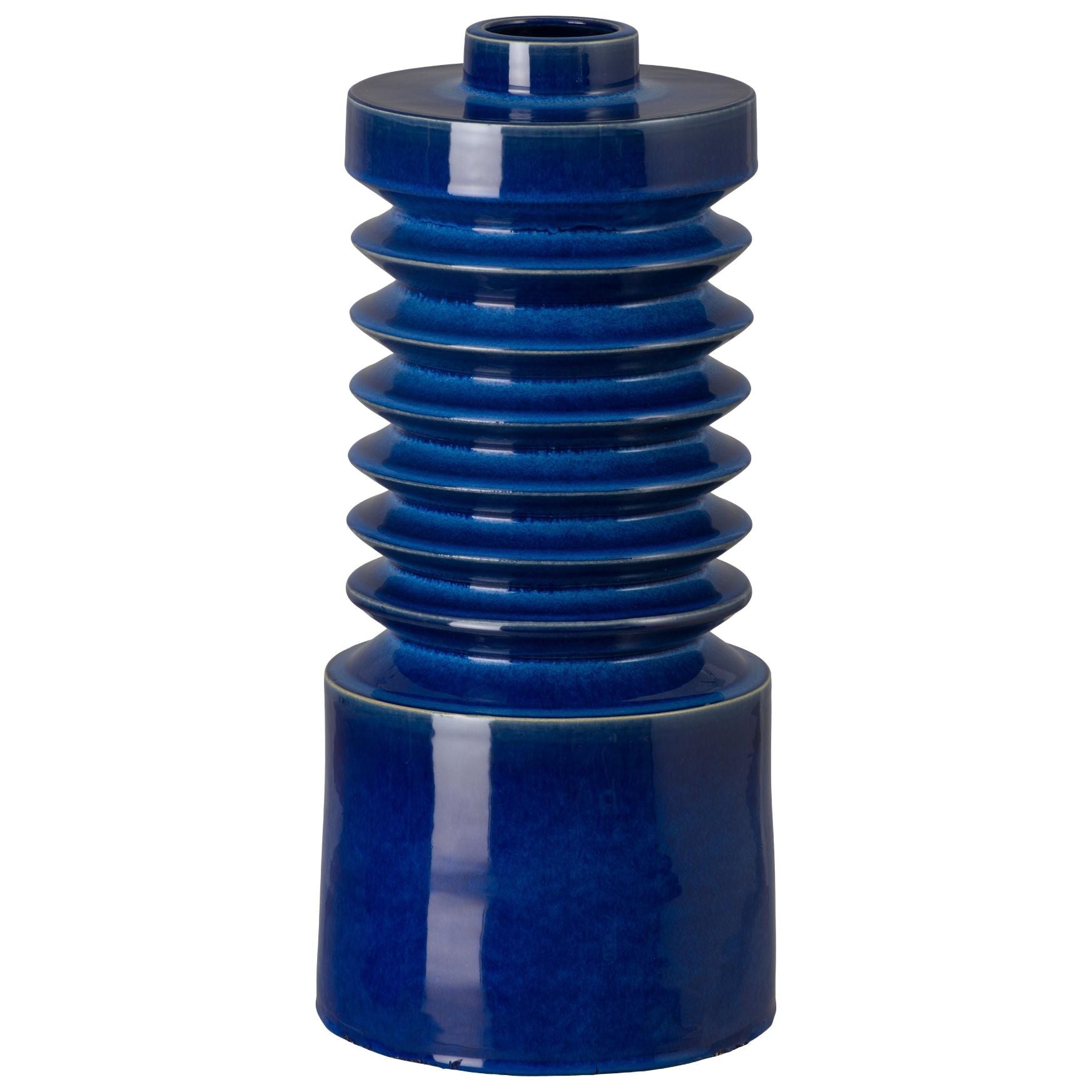 Blue ceramic vase with layered design on a white background