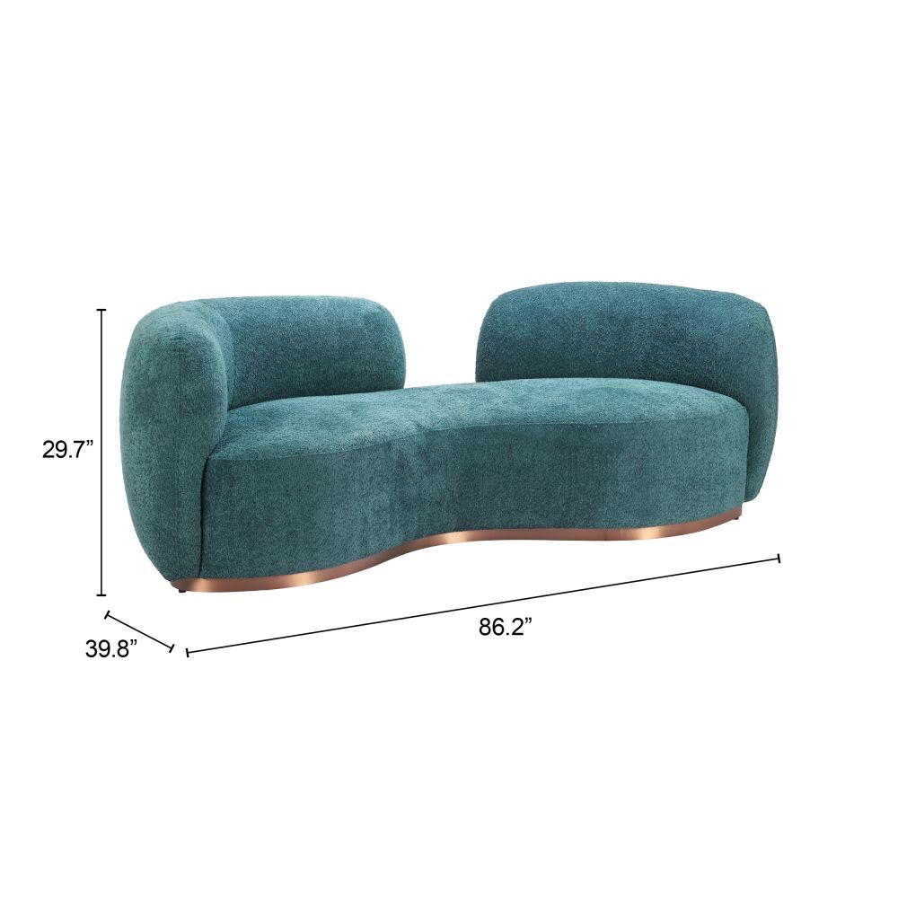Teal sofa with dimensions on a white background