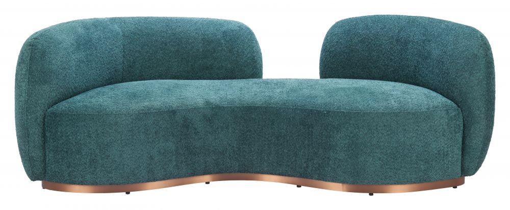 Teal curved sofa with bronze feet on a white background