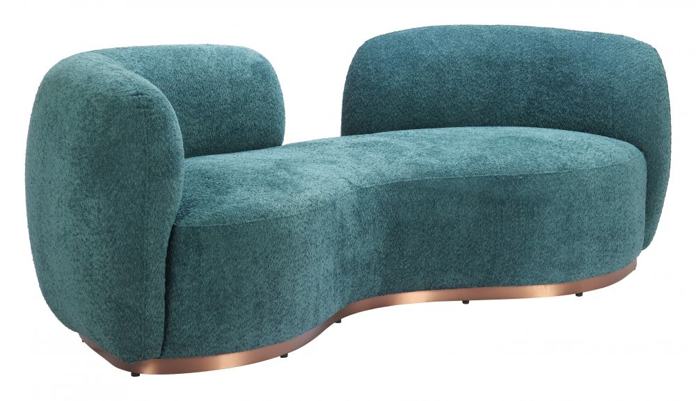 Teal sofa with copper legs on a white background