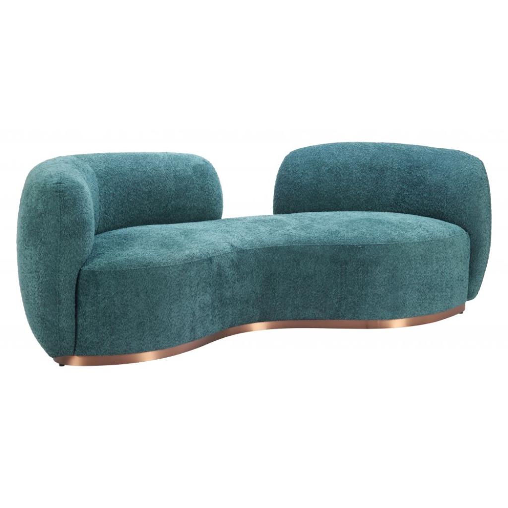 Teal sofa with copper accents on a white background