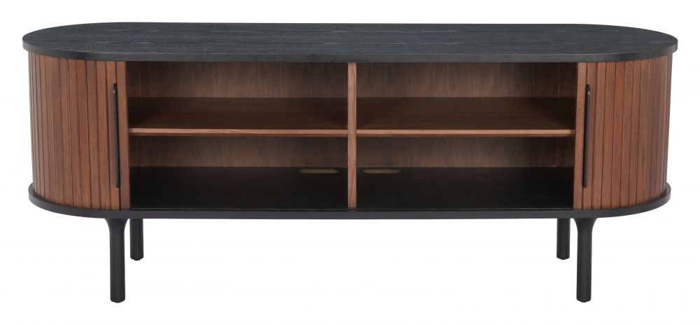 Wooden entertainment console with black top on a white background