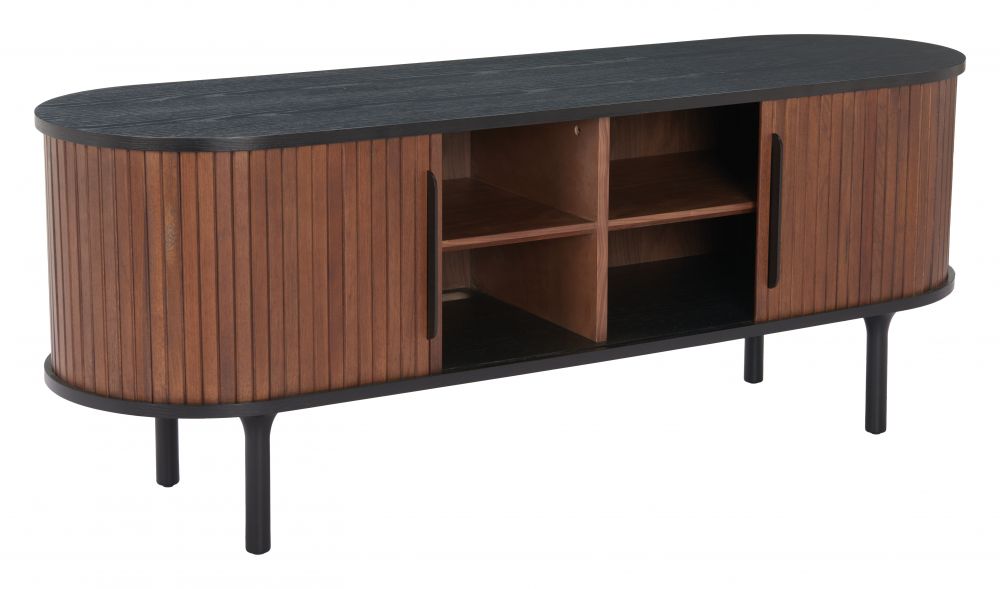 Wooden entertainment console with black top on a white background