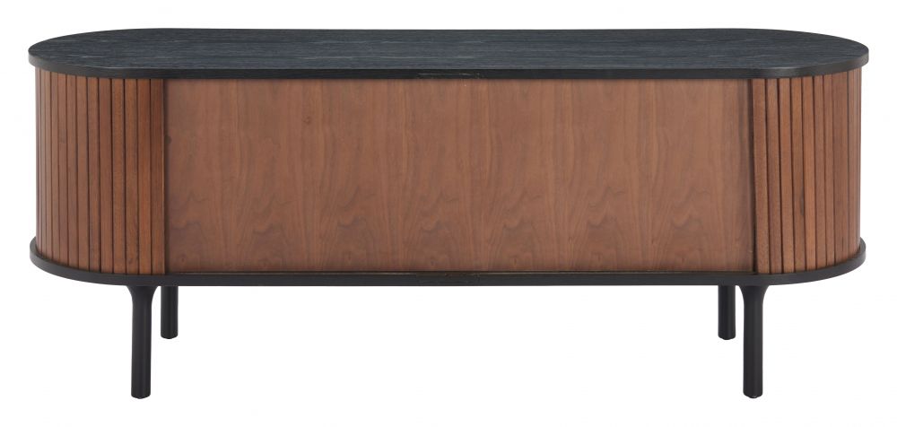 Wooden sideboard with black top on a white background