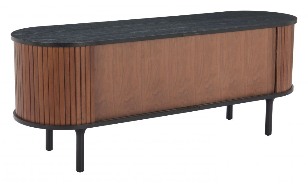 Wooden sideboard with black top on a white background