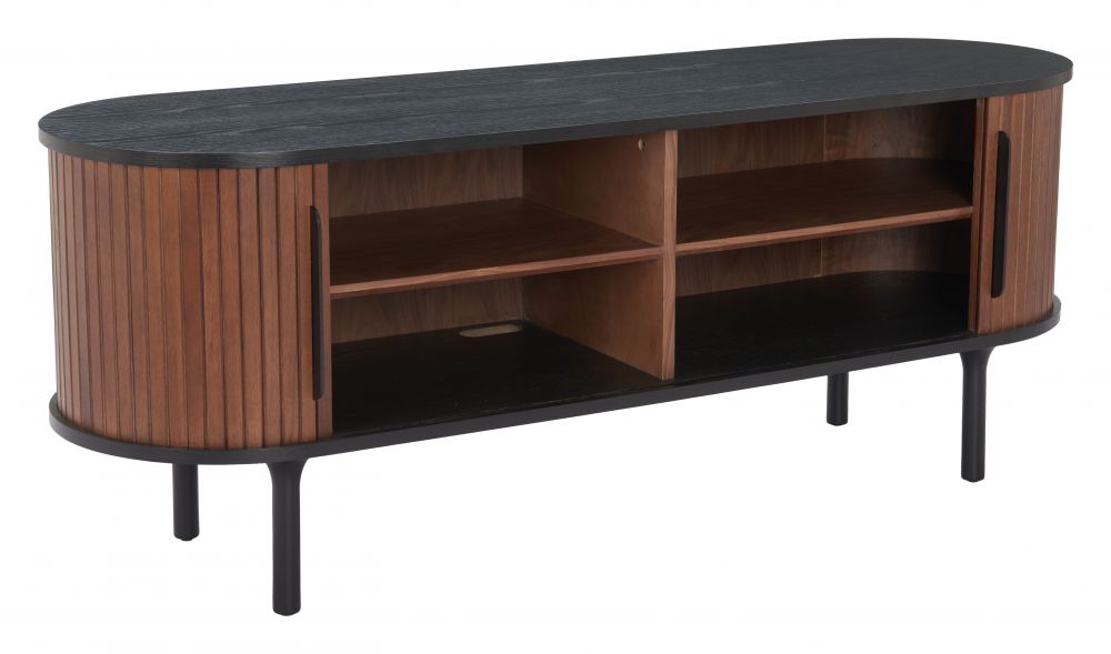 Wooden entertainment console with black top and legs on a white background
