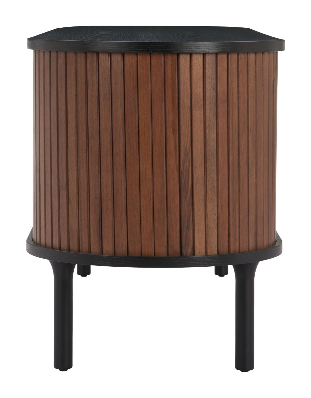 Wooden side table with black top and legs on a white background
