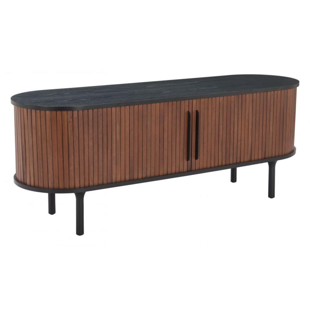 Wooden sideboard with black top and legs on a white background