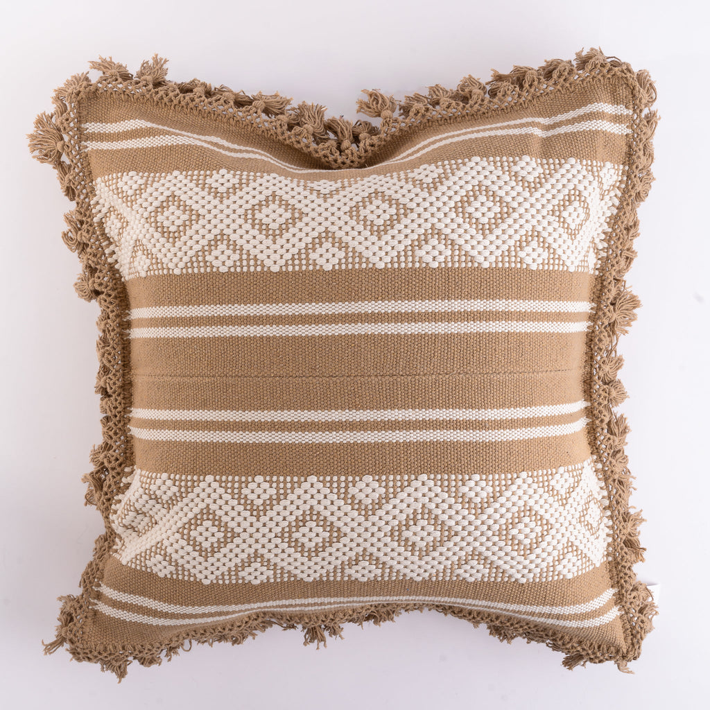 Decorative pillow with brown and white pattern on a white background
