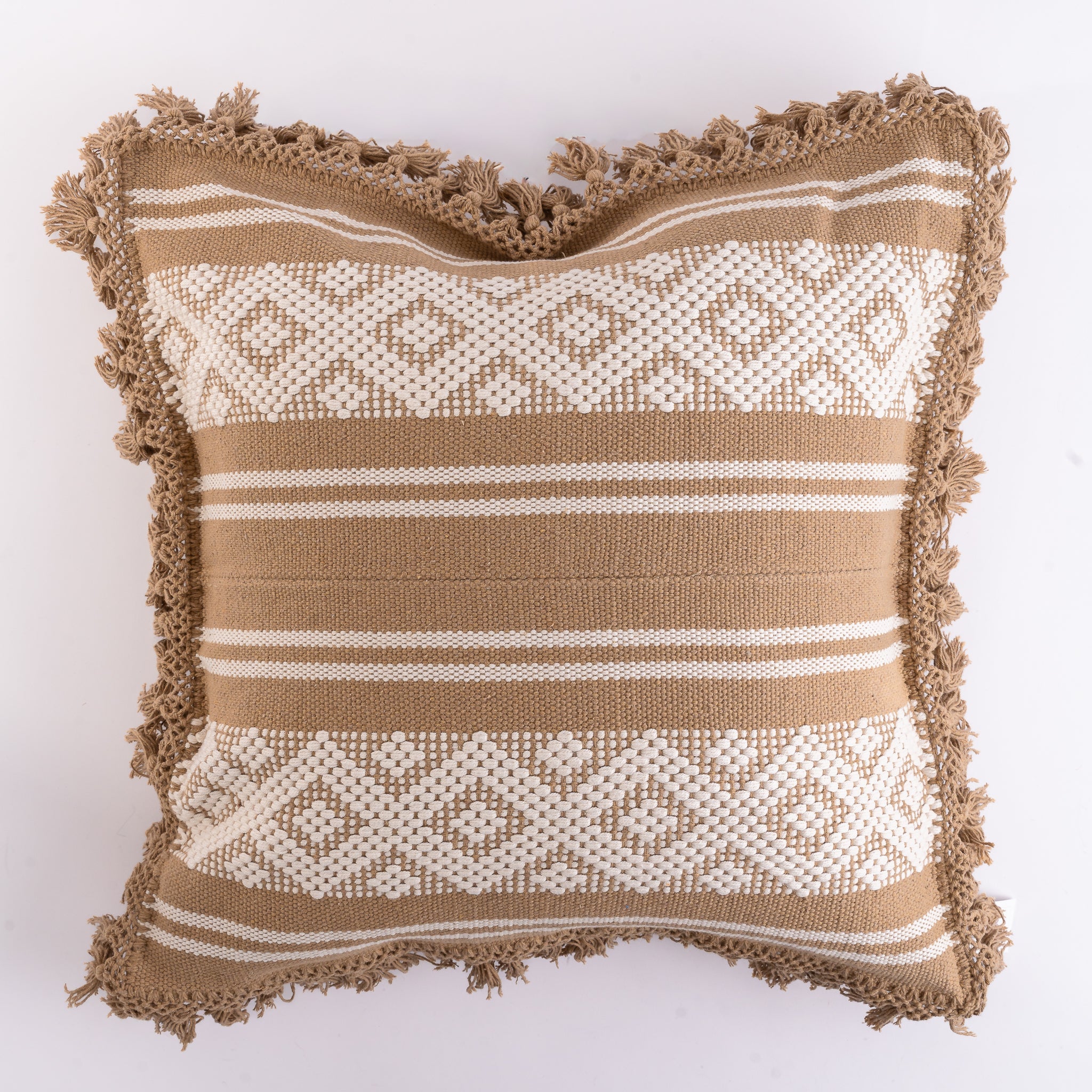 Decorative pillow with brown and white pattern on a white background