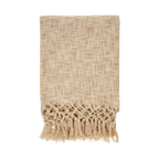 Beige woven blanket with fringe on a white background