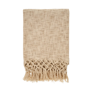 Beige woven blanket with fringe on a white background