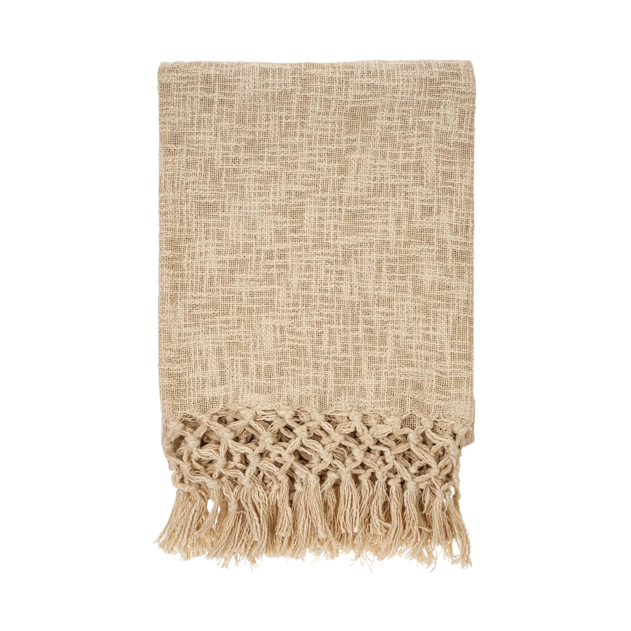 Beige woven blanket with fringe on a white background