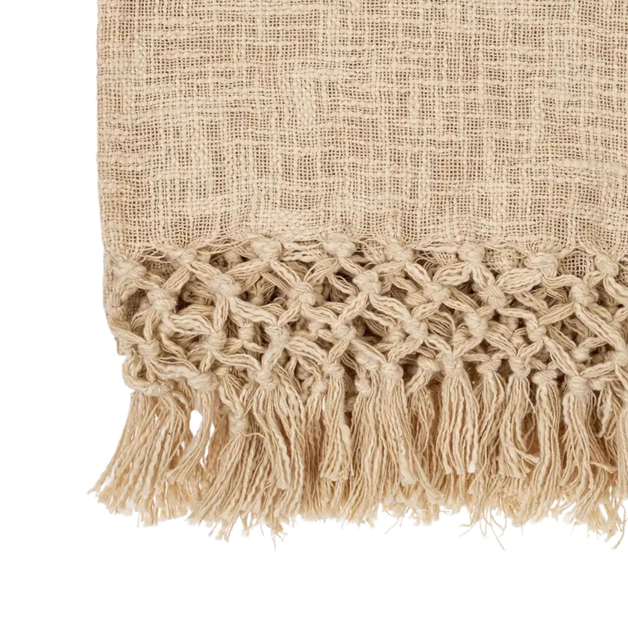 Textured fabric with woven pattern and tassels on a white background