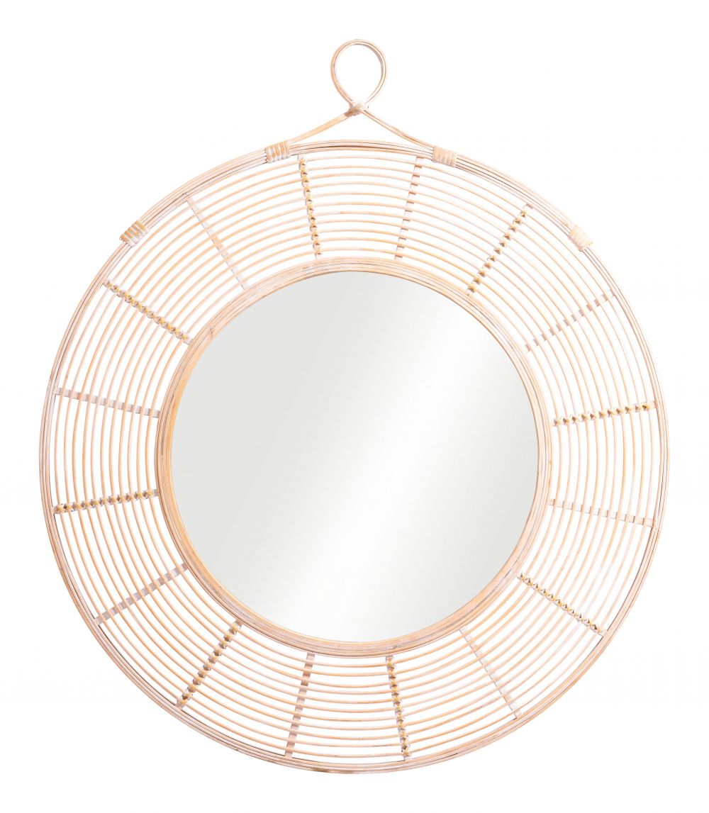 Round mirror with a rattan frame on a white background