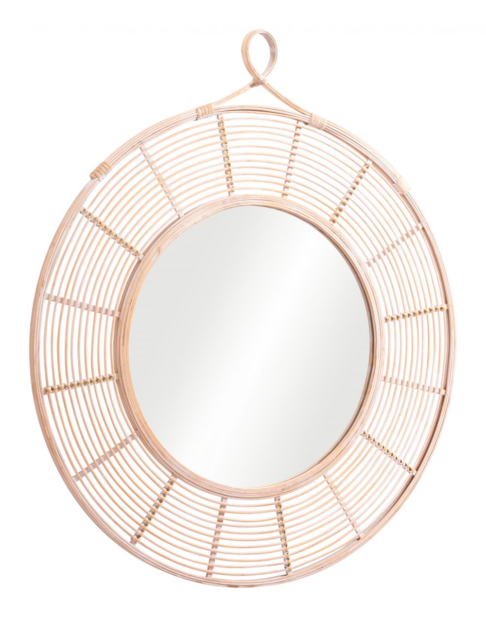 Round mirror with a rattan frame on a white background